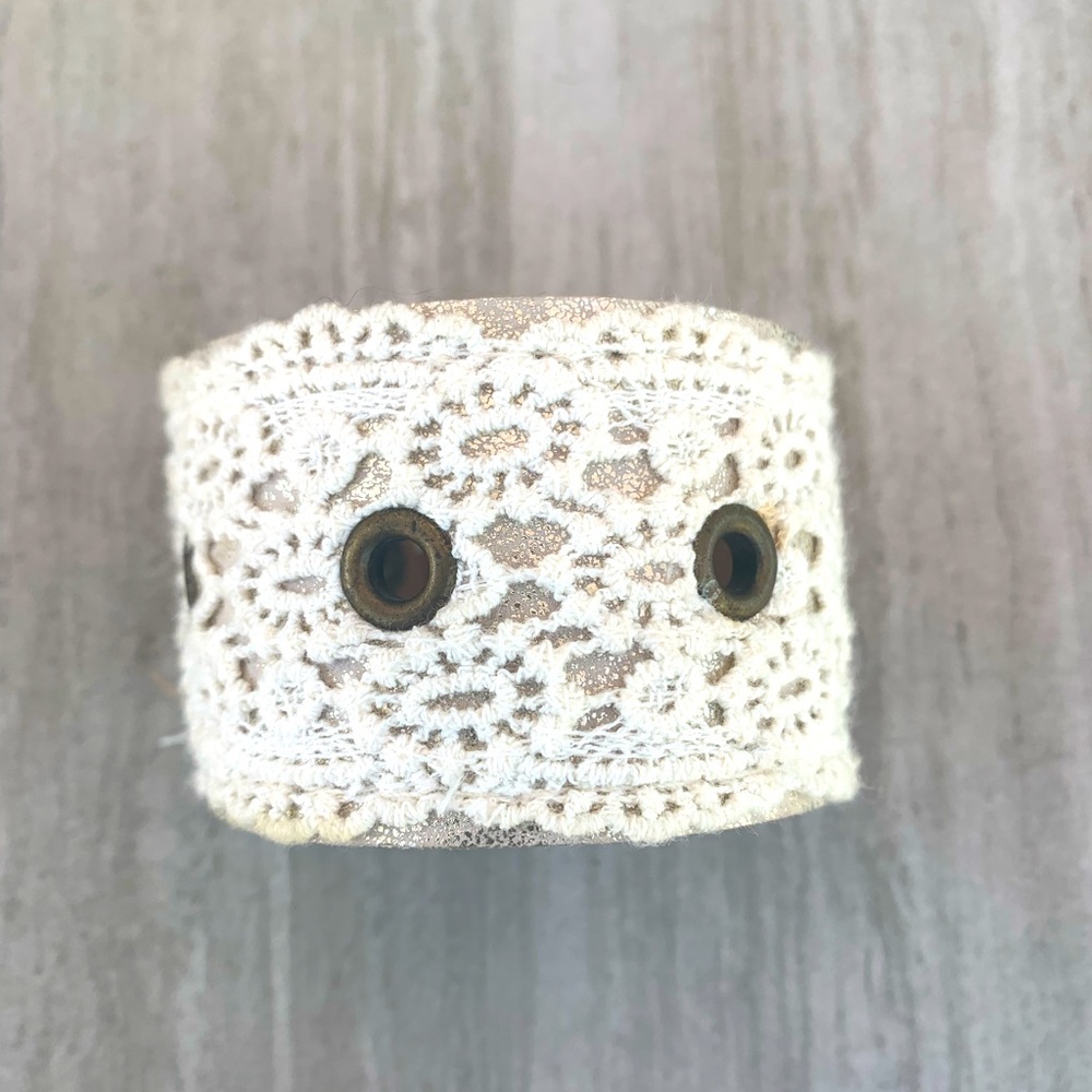 Gold crochet overlay belt cuff.